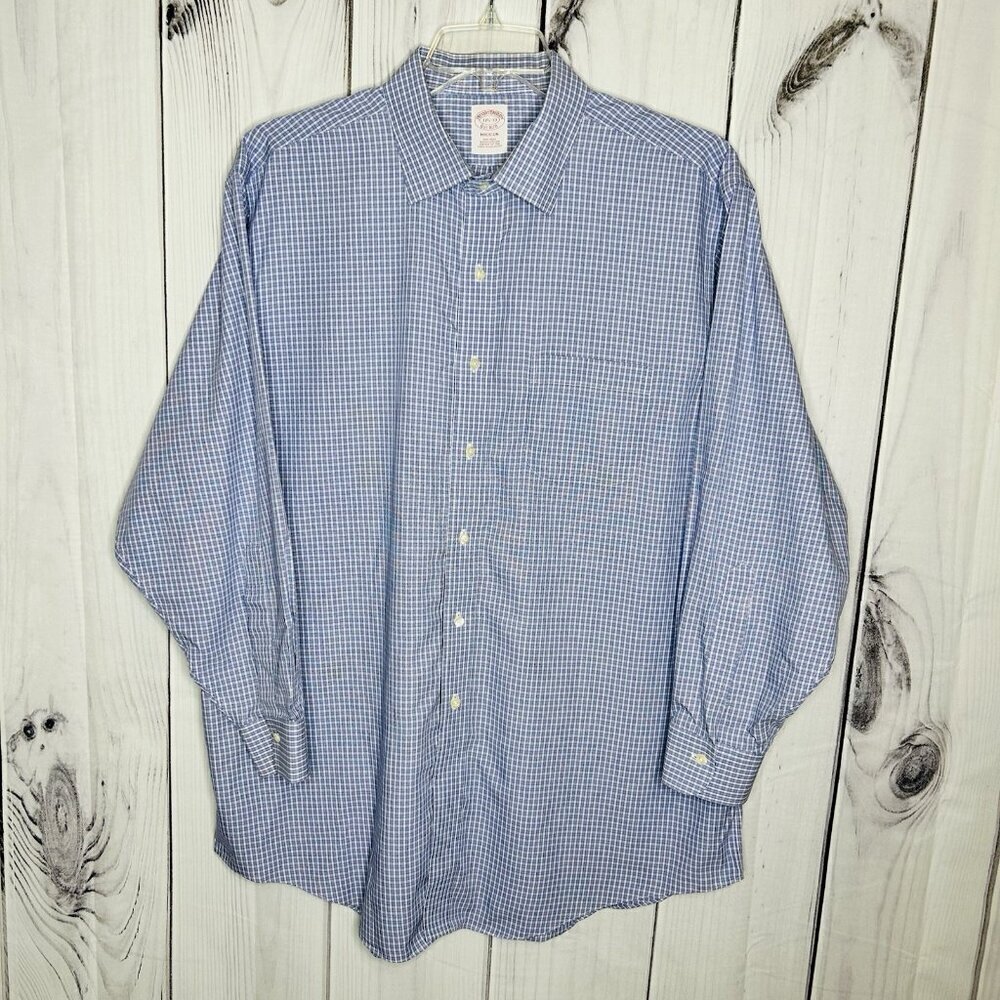 Brooks Brothers Blue Plaid Non Iron Supima Cotton Dress Shirt 17.5 X 33 Madison